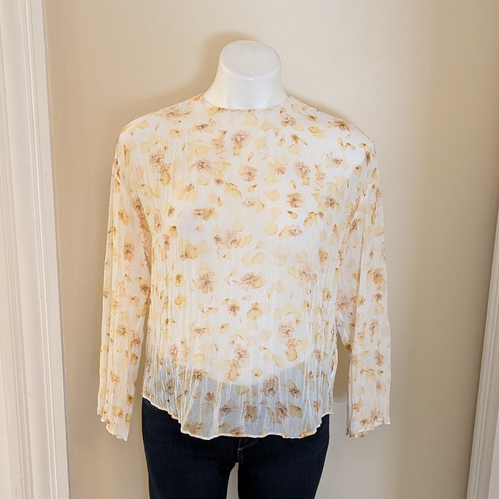 Vince cream with yellow floral print sheer top size xxs